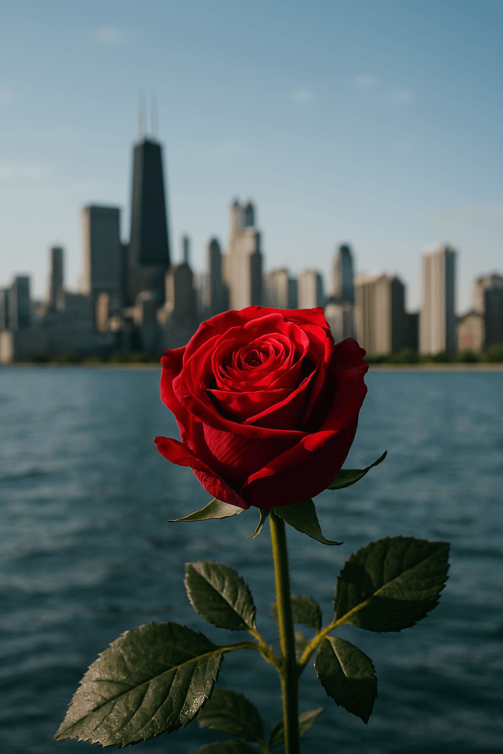 Red rose with Chicago skyline in background